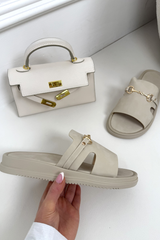 SHEREE BEIGE GOLD BUCKLE SLIDERS