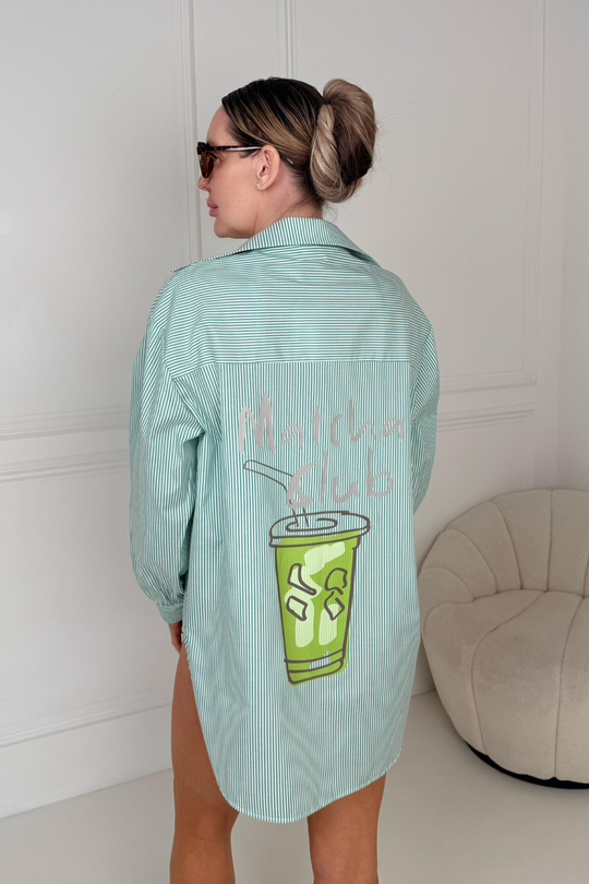 GLAMIFY PRINTED MATCHA CLUB GREEN STRIPED BASIC LONG SLEEVE SHIRT