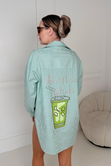 GLAMIFY PRINTED MATCHA CLUB GREEN STRIPED BASIC LONG SLEEVE SHIRT