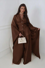 ROSALINA CHOCOLATE CAPE TOP AND MATCHING DRAWSTRING TROUSERS CO ORD TWO PIECE SET