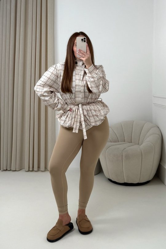 KODIE BEIGE CHECKED BELTED PUFF SLEEVE WINDBREAKER JACKET