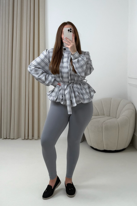 KODIE GREY CHECKED BELTED PUFF SLEEVE WINDBREAKER JACKET