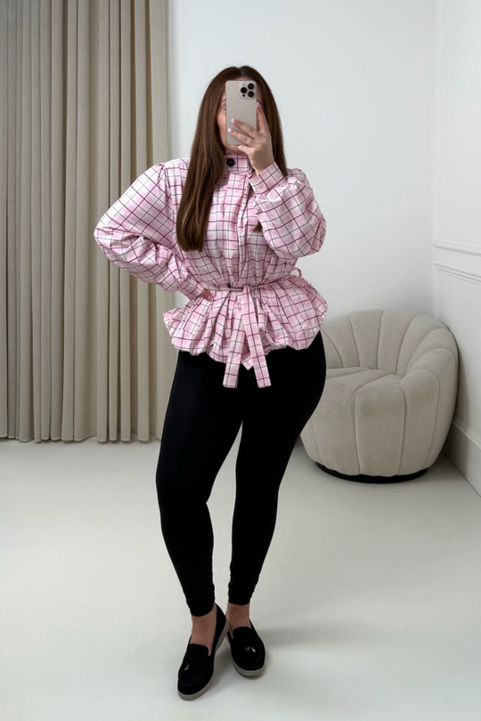 KODIE PINK CHECKED BELTED PUFF SLEEVE WINDBREAKER JACKET