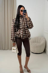 KODIE CHOCOLATE CHECKED BELTED PUFF SLEEVE WINDBREAKER JACKET