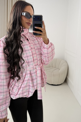 KODIE PINK CHECKED BELTED PUFF SLEEVE WINDBREAKER JACKET