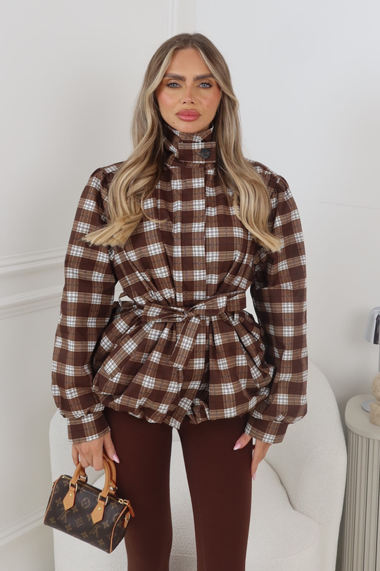 KODIE CHOCOLATE CHECKED BELTED PUFF SLEEVE WINDBREAKER JACKET