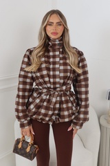 KODIE CHOCOLATE CHECKED BELTED PUFF SLEEVE WINDBREAKER JACKET