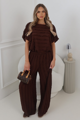 TIFFANY CHOCOLATE RUFFLE TOP AND TROUSER CO ORD TWO PIECE SET