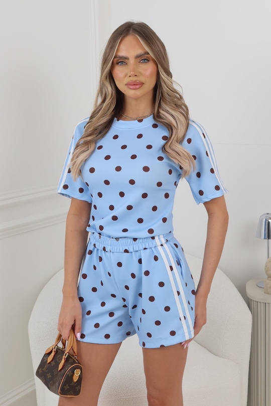 SANDY BLUE POLKA DOT TSHIRT AND SHORTS CO ORD TWO PIECE SET