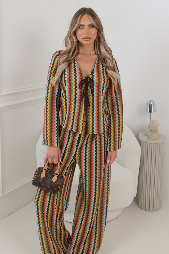 ORLANDO KHAKI MULTI STRIPED FRONT TIE TOP AND PANTS CO ORD TWO PIECE SET