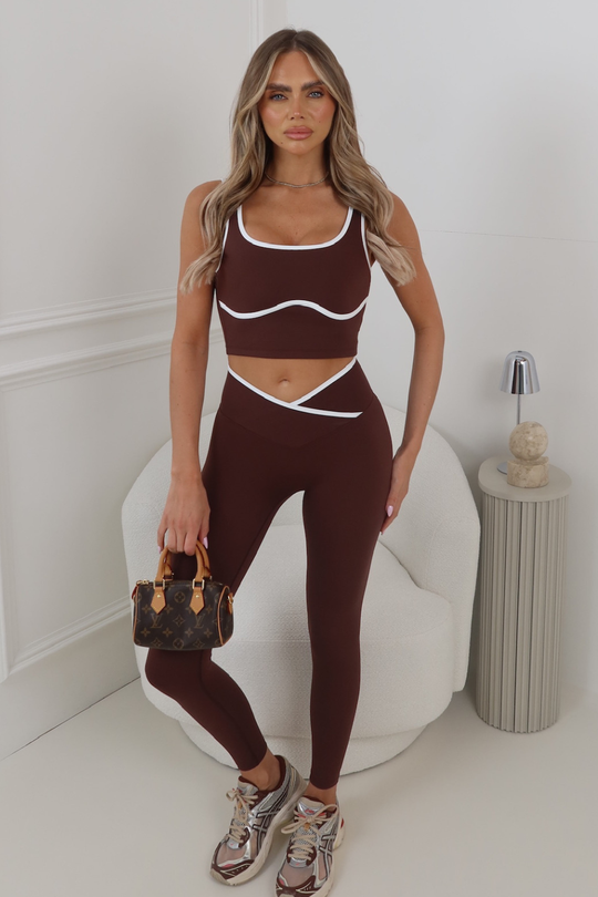 NEVE CHOCOLATE PIPING LEGGINGS & CROP ACTIVEWEAR SET