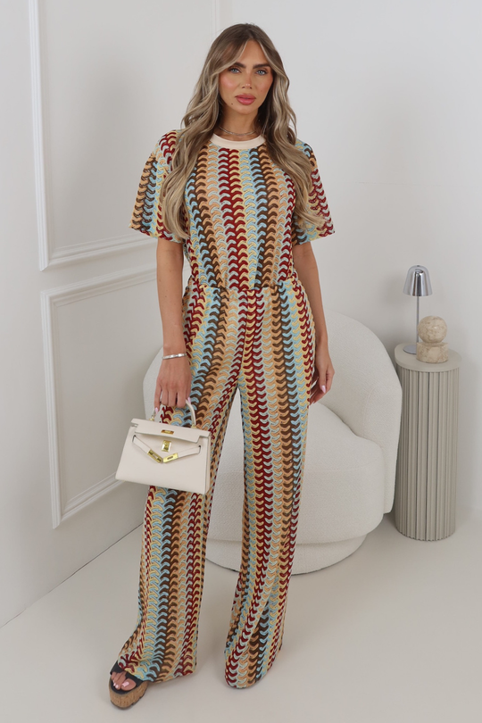 SARA BLUE ZIG ZAG CROCHET TSHIRT & TROUSERS CO ORD TWO PIECE SET