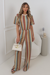 SARA BLUE ZIG ZAG CROCHET TSHIRT & TROUSERS CO ORD TWO PIECE SET