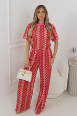 SARA PINK ZIG ZAG CROCHET TSHIRT & TROUSERS CO ORD TWO PIECE SET