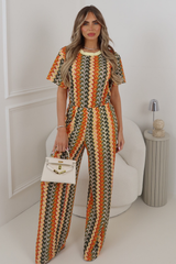 SARA KHAKI ZIG ZAG CROCHET TSHIRT & TROUSERS CO ORD TWO PIECE SET