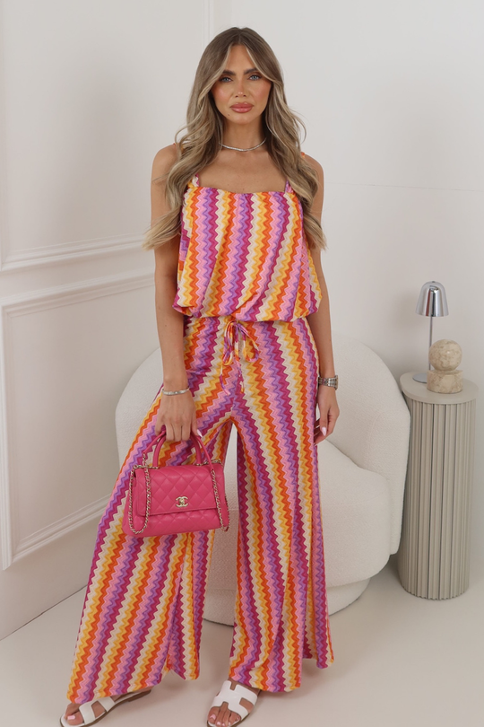 JENNIE PINK ZIG ZAG PUFBALL TOP & TROUSER TWO PIECE SET