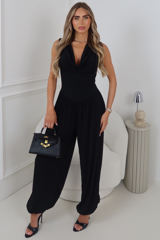 CHANTELLE BLACK COWL NECK BALLOON TROUSER JUMPSUIT