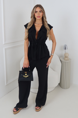 SUSANNA BLACK TIE WAIST COLLAR TOP & TROUSER CO ORD