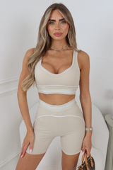 LAURA BEIGE PIPING CROP & SHORTS GYMWEAR TWO PIECE SET
