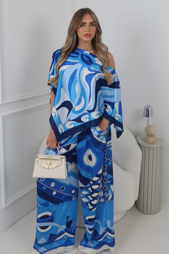 SOFIA BLUE BOLD PATTERN SATIN CAPE TOP & TROUSER TWO PIECE SET