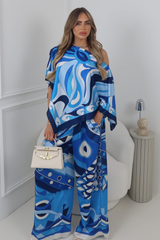 SOFIA BLUE BOLD PATTERN SATIN CAPE TOP & TROUSER TWO PIECE SET