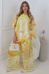 SOFIA LEMON BOLD PRINTED SATIN CAPE TOP & TROUSER TWO PIECE SET