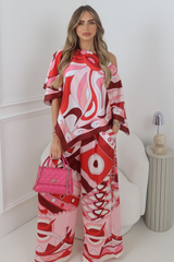 SOFIA RED BOLD PRINTED SATIN CAPE TOP & TROUSER TWO PIECE SET