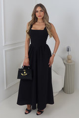 LEONIE BLACK LINEN LOOK SQUARE NECK MAXI DRESS