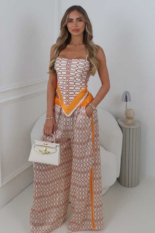 TESSA ORANGE SATIN PATTERN SCARF TOP & TRSOUER TWO PIECE SET