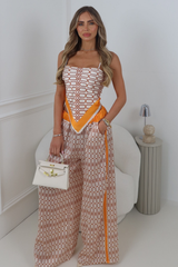 TESSA ORANGE SATIN PATTERN SCARF TOP & TRSOUER TWO PIECE SET