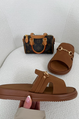 SHEREE CAMEL GOLD BUCKLE SLIDERS