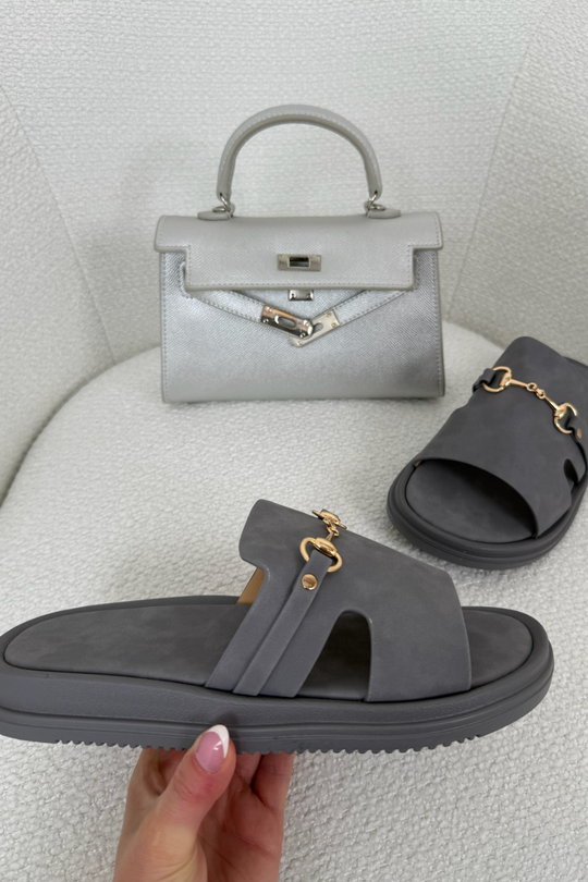 SHEREE GREY GOLD BUCKLE SLIDERS