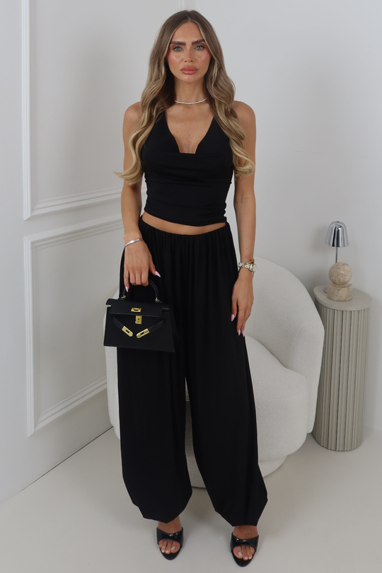 SYDNEY BLACK BALLOON TROUSERS & HALTER TOP TWO PIECE CO ORD SET