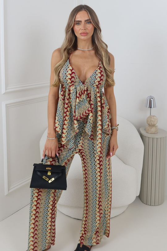 SERENA BURGUNDY ZIG ZAG CROCHET PADDED TOP & TROUSERS TWO PIECE SET