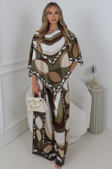 NANCY KHAKI BOLD PRINT SATIN CAPE TOP & TROUSER CO ORD TWO PIECE SET