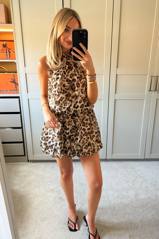 ALESSIA LEOPARD PRINT HALTER NECK BUBBLE SKIRT DRESS