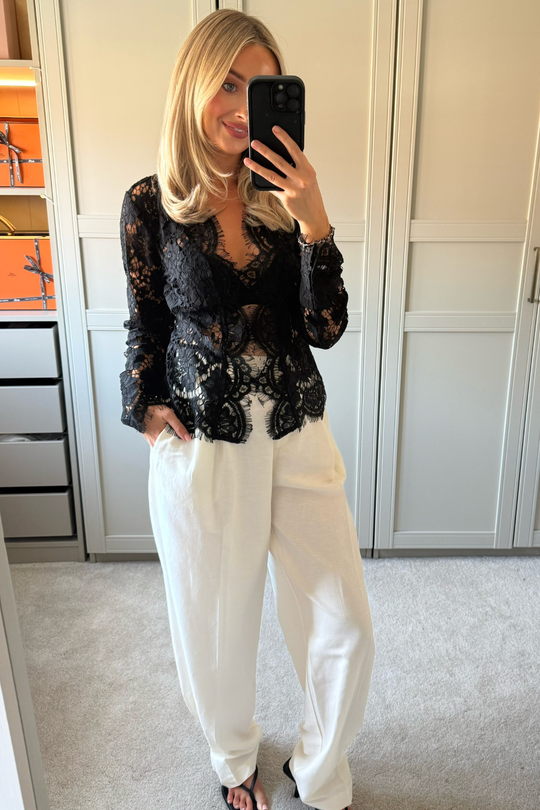 MADELYN BLACK LACE BUTTON UP LONG SLEEVE TOP