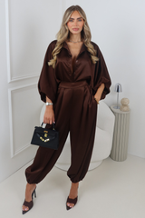 ELSIE CHOCOLATE SATIN BALLOON SLEEVE SHIRT AND TROUSER CO ORD