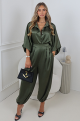 ELSIE KHAKI SATIN BALLOON SLEEVE SHIRT AND TROUSER CO ORD