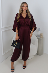 ELSIE BURGUNDY SATIN BALLOON SLEEVE SHIRT AND TROUSER CO ORD