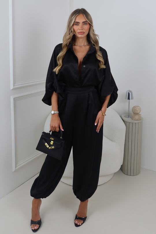 ELSIE BLACK SATIN BALLOON SLEEVE SHIRT AND TROUSER CO ORD