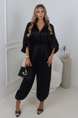ELSIE BLACK SATIN BALLOON SLEEVE SHIRT AND TROUSER CO ORD