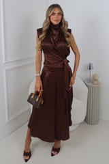 PHOEBE CHOCOLATE SATIN HIGH NECK SLEEVELESS TIE TOP AND CROPPED SIDE SPLIT PANTS