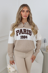 PARIS BEIGE STRIPE KNITTED POLO JUMPER