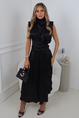PHOEBE BLACK SATIN HIGH NECK SLEEVELESS TIE TOP AND CROPPED SIDE SPLIT PANTS
