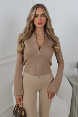 BILLIE BEIGE ZIP UP FITTED CARDIGAN