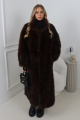ELLE CHOCOLATE COLLARED MAXI LENGTH FAUX FUR COAT