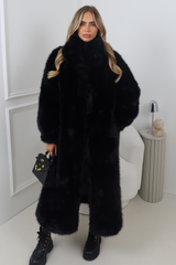 ELLE BLACK COLLARED MAXI LENGTH FAUX FUR COAT