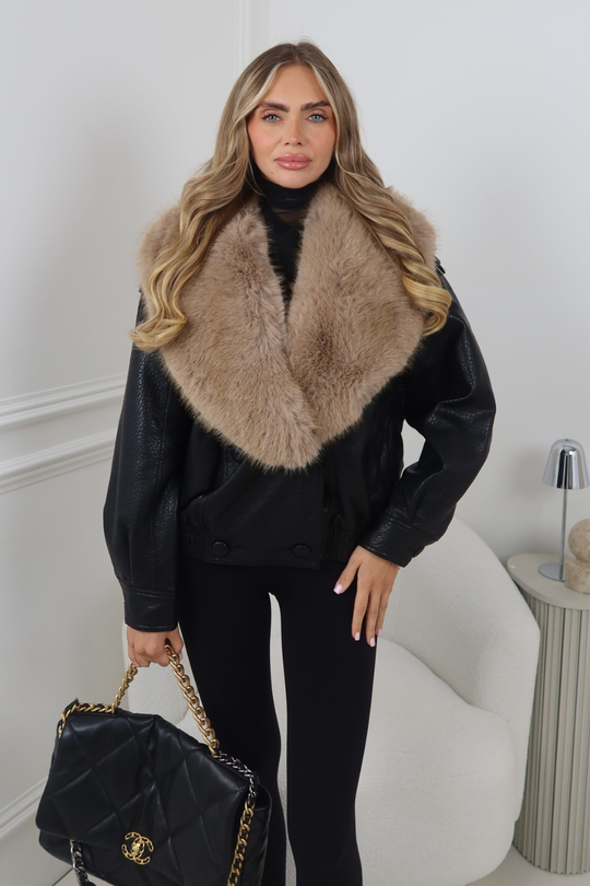 MILENA BLACK FUR COLLAR FAUX LEATHER JACKET