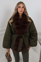 GRACIE KHAKI TIE WAIST FUR COLLAR JACKET